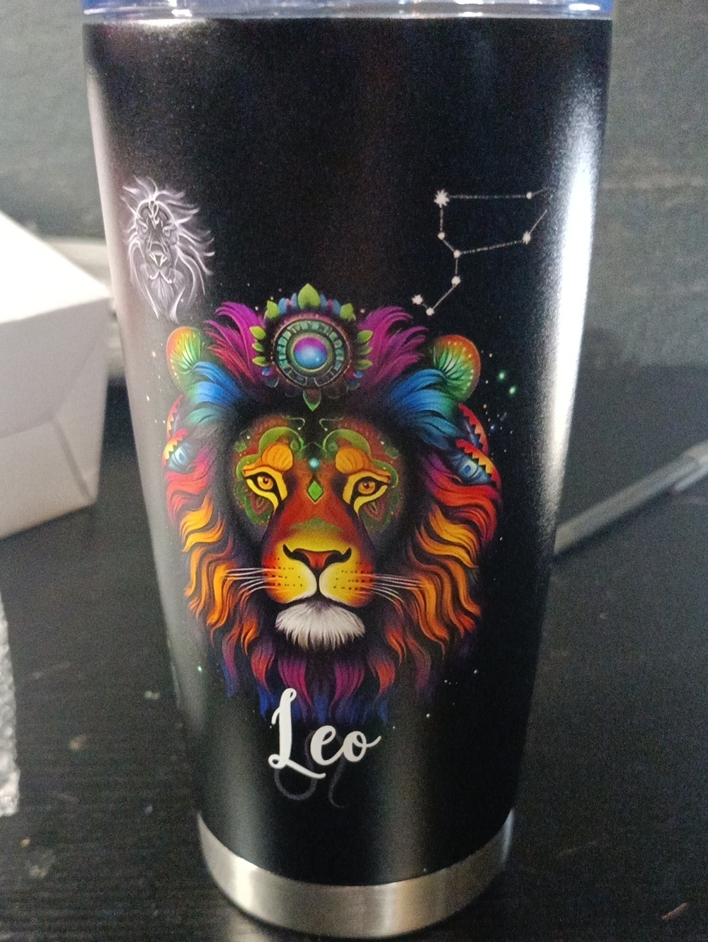 Source Unknown Black Travel Tumbler with Rainbow Lion Artwork